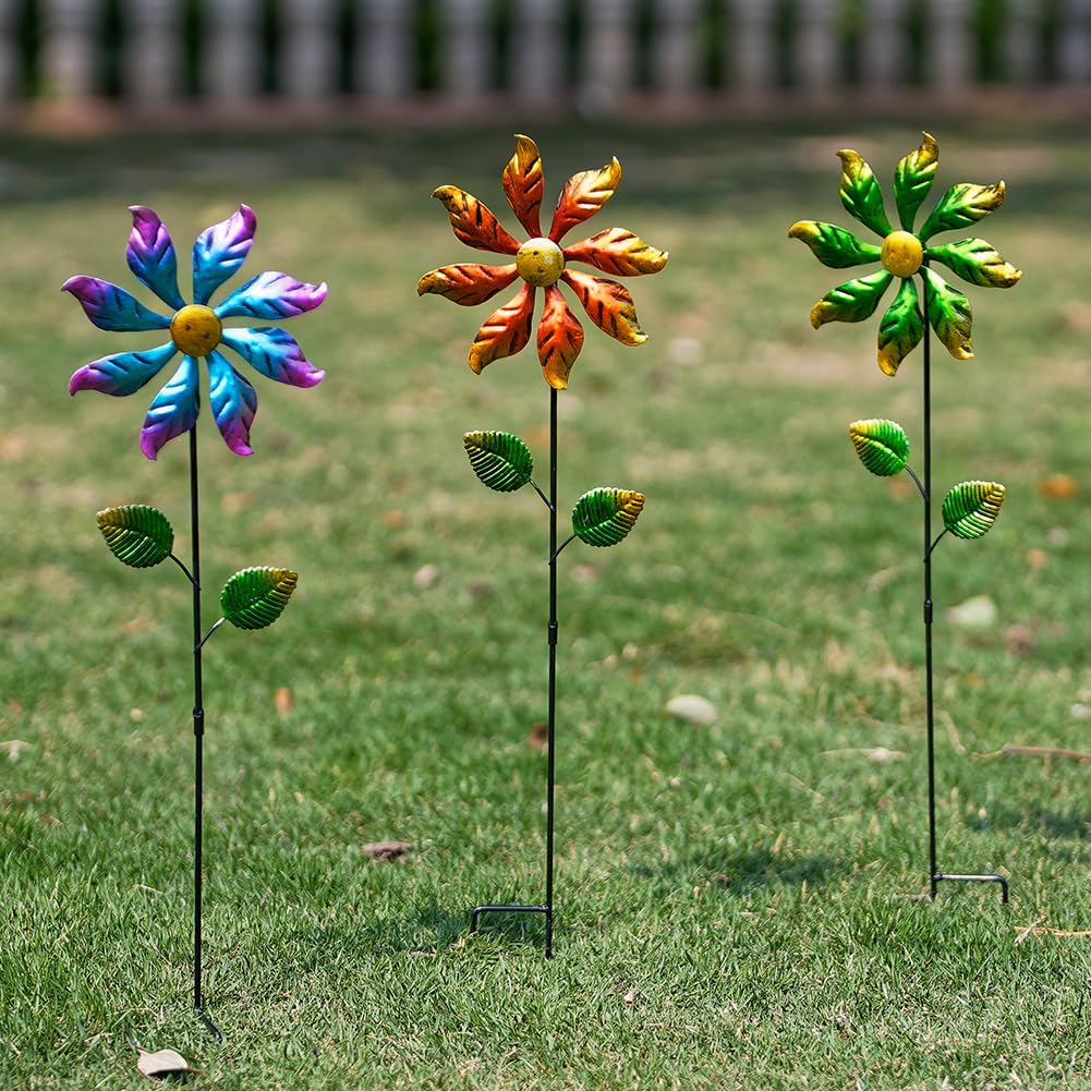 DREAMYSOUL 3 Packs Metal Flowers Wind Spinners Outdoor, Pinwheel Decorative Garden Stakes, Metal Wind Spinner for Yard and Garden Decor
