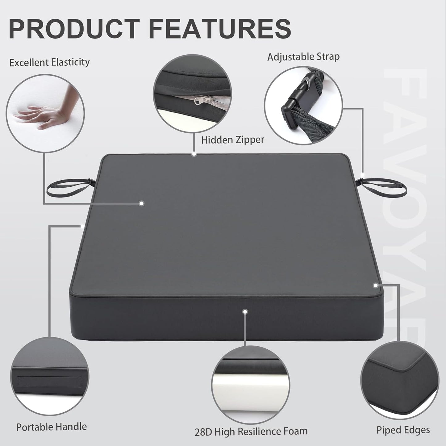 Favoyard Patio Chair Cushions 22 x 22 x 3 Inch Waterproof Outdoor Seat Cushions for Patio Furniture 3-Year Color Fastness Garden Sofa Couch Pads with Handle & Adjustable Straps Set of 2, Dark Grey