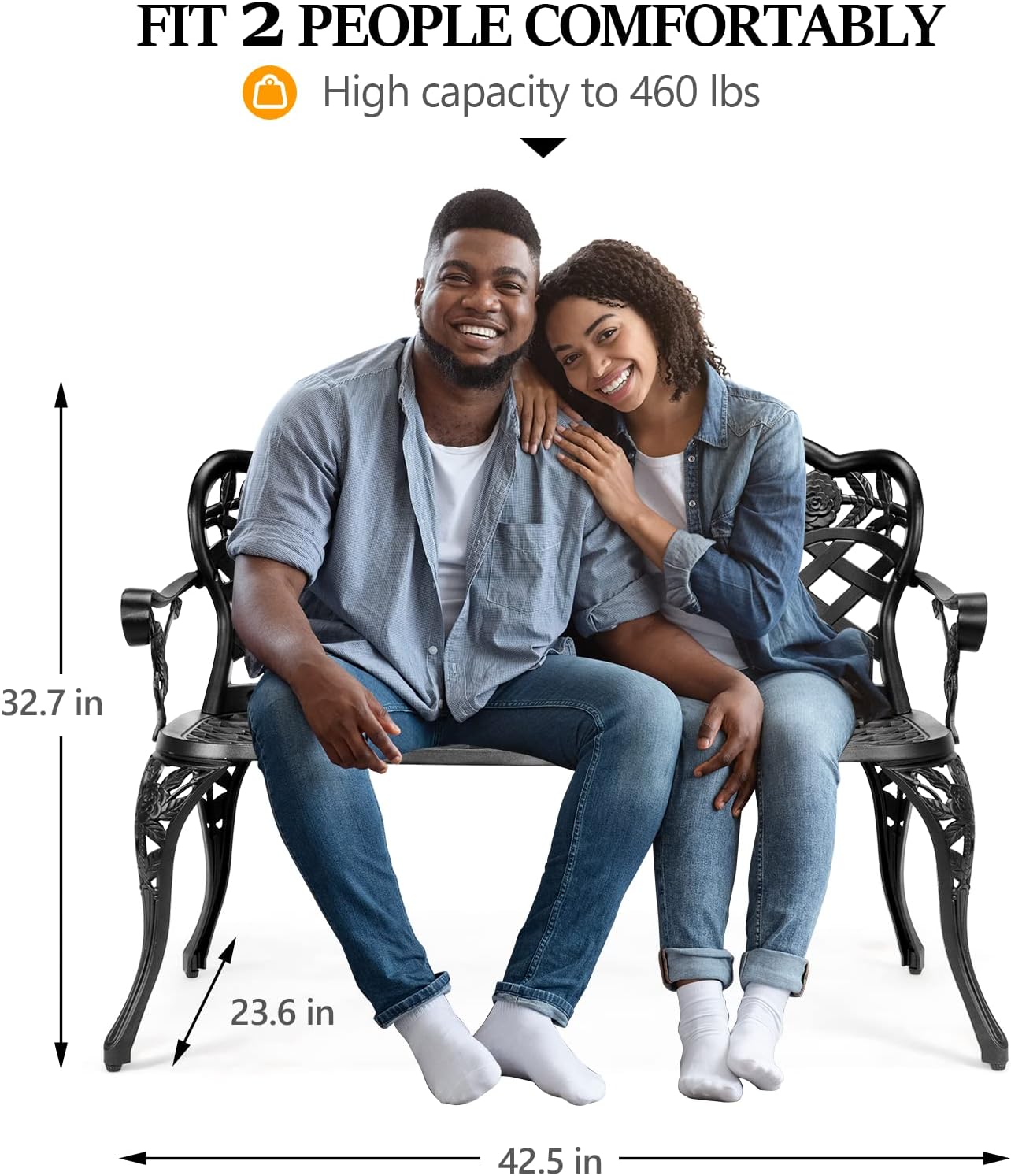 VINGLI 42.5" Outdoor Bench, Antique Cast Aluminum Front Porch Bench Metal Garden Benches Cast Iron Benches 2-3 People Seating (Black)