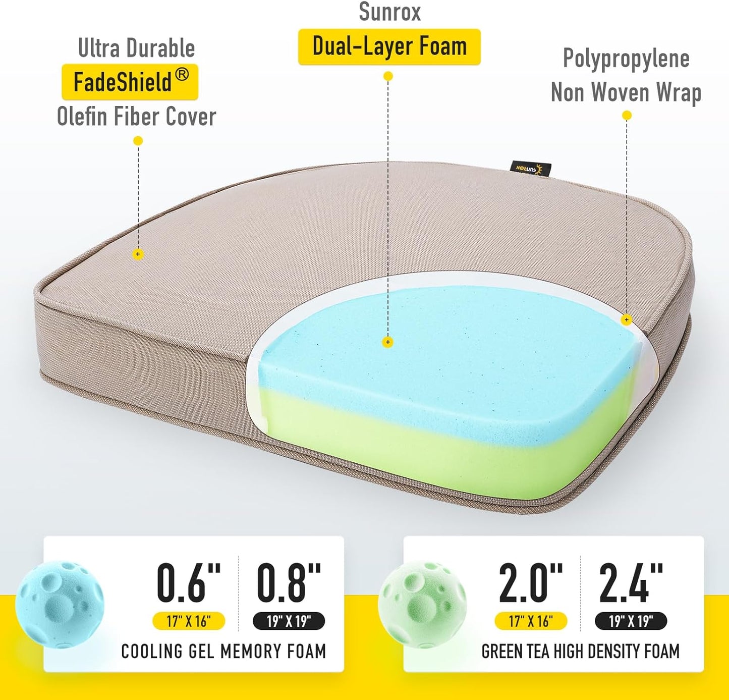 SUNROX Gel Memory Foam Chair Cushions, FadeShield Water-, Stain-Resistant Durable Reversible Seat Cushion Pads with Ties for Indoor/Outdoor Kitchen Dining Office 17"x16" Set of 4, Husk Birch