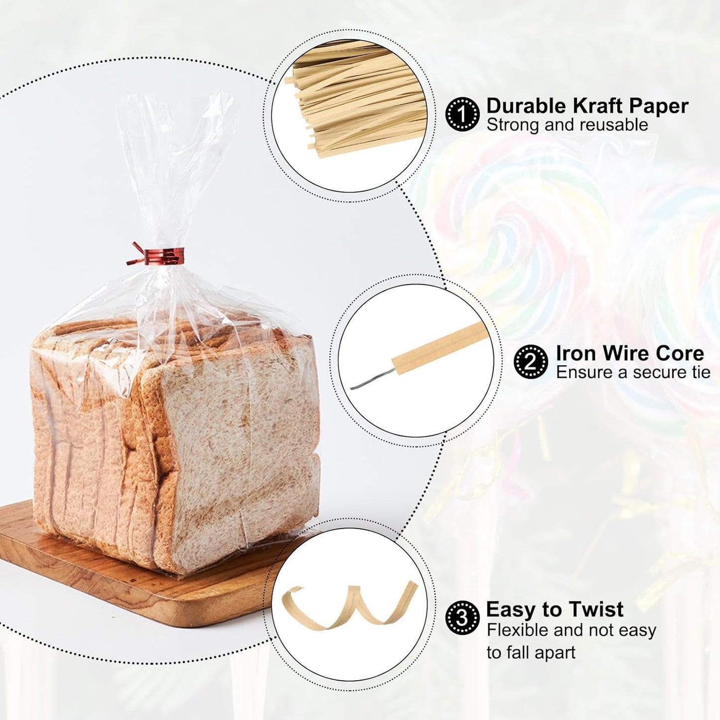 HARFINGTON 1000pcs Bag Twist Ties 6" Reusable Kraft Paper Twist Ties Wire Cable Ties for Party Bread Candy Cake, Wood Tone