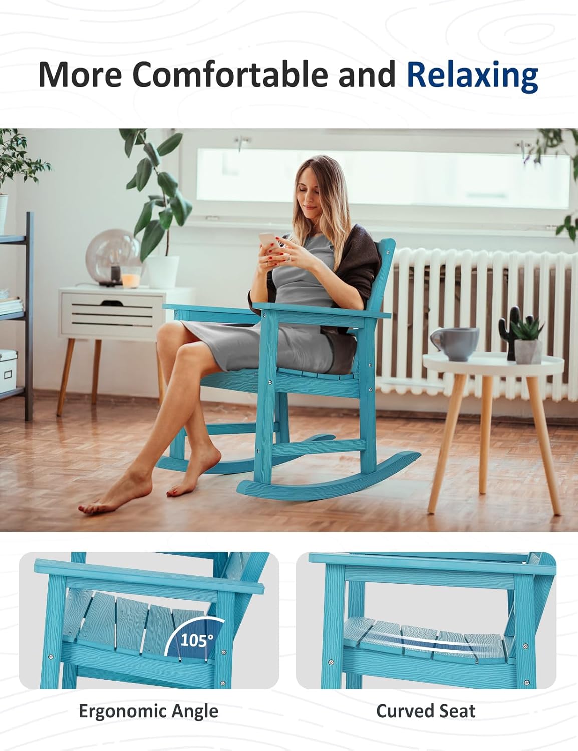 Patio Rocking Chair, Weatherproof HIPS Outdoor Rocking Chair for Adults, 400LBS Support Heavy Duty Porch Rocking Chairs for Garden, Lawn, Backyard, Outdoor and Indoor (Lake Blue)