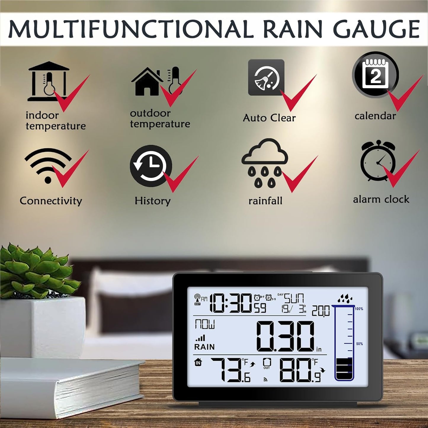 Digital Rain Gauge Outdoor with Thermometer, Self-Emptying Wireless Rain Gauges Outdoors Best Rated, High Precision Electronic Remote Rain Collector, Freeze Proof Automatic Rain Measure Gauge for Yard