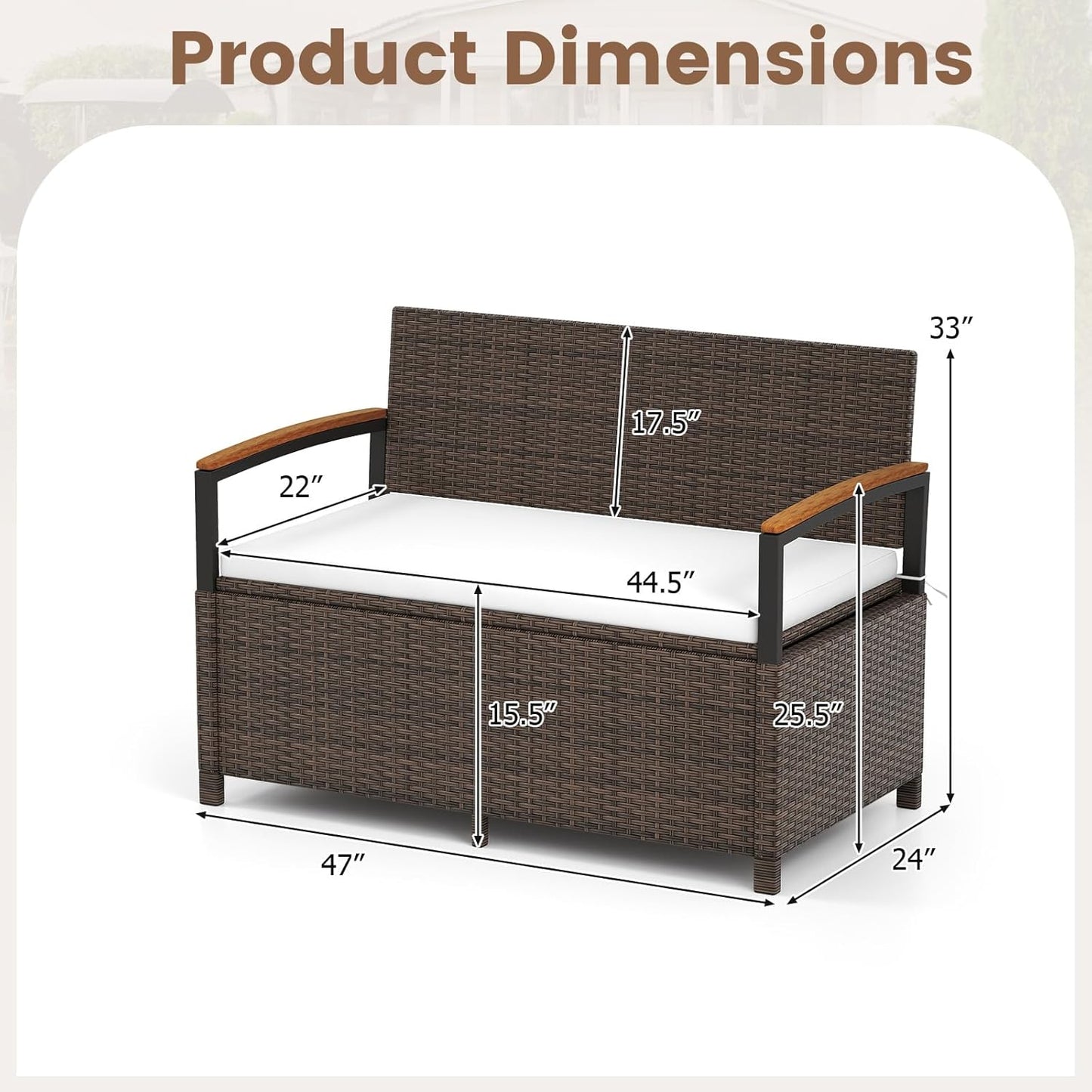 Tangkula 46 Gallon Outdoor Bench with Storage, Outdoor PE Rattan Storage Bench with Cushion, Backrest & Acacia Wood Armrests, Metal Frame, Waterproof Deck Box Seat for Porch Backyard Poolside