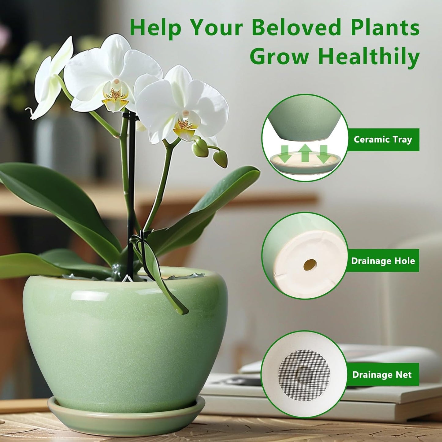 Ceramic Planter Pot - 10 Inch Plant Pot for Indoor Plants Decorative Planter with Drainage Hole and Saucer Large Pot for Plants Outdoor Round Flower Pot for Garden Green