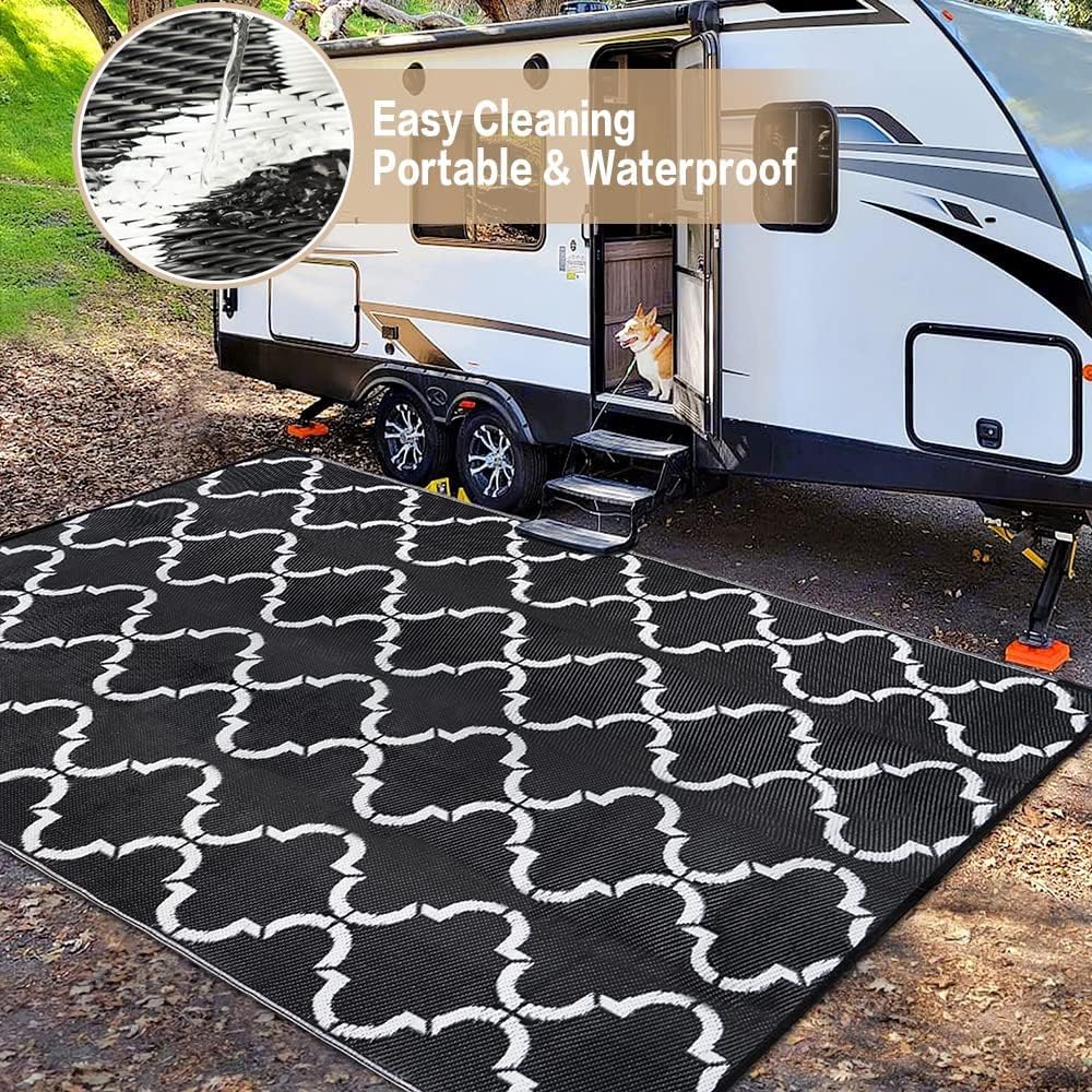 Outdoor Plastic Straw Rug, Waterproof Mat, Washable Large Floor Mat and Rug for Outdoors, RV, Beach, Patio, Camping, Backyard, Deck, Picnic, Indoor Outside (5x8ft,Lantern/Black&White)