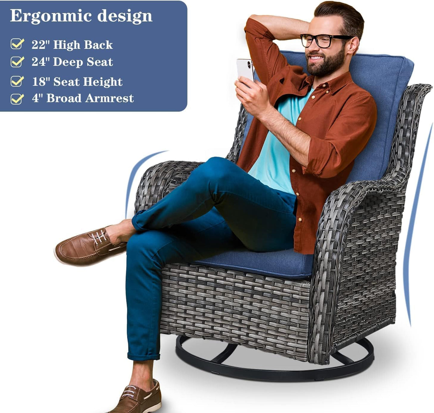 Wicker Patio Furniture Sets - 8 Piece Rattan Outdoor Furniture Conversation Sets with 4 Swivel Rocker Chairs, Rattan Sofa, Wicker Ottomans and Coffee Table, Mixed Grey/Blue