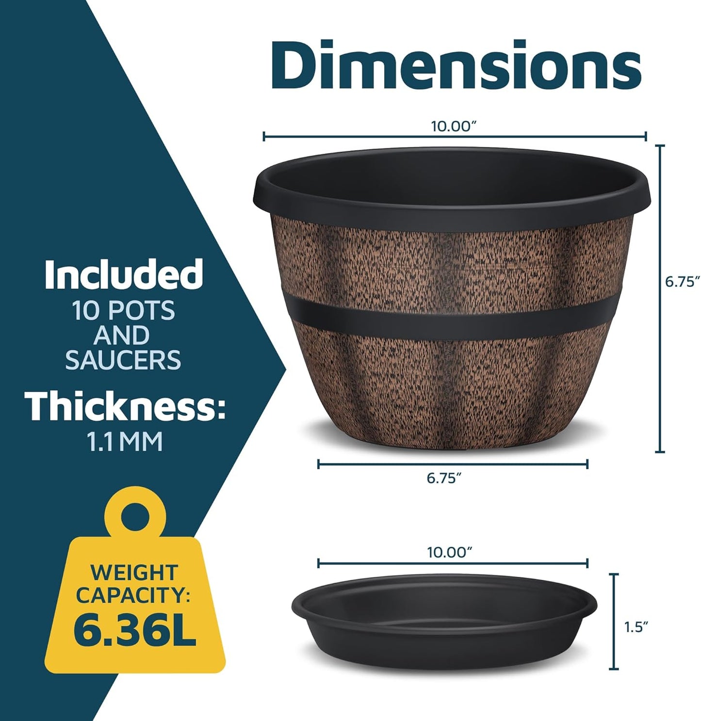 10-Inch Whiskey Barrel Planters Outdoor Pack of 10 - Durable Plastic Plant Pots for Indoor & Outdoor Use with Drainage & Saucer, Lightweight Rustic Barrel Planters for Flowers, Herbs & Small Plants