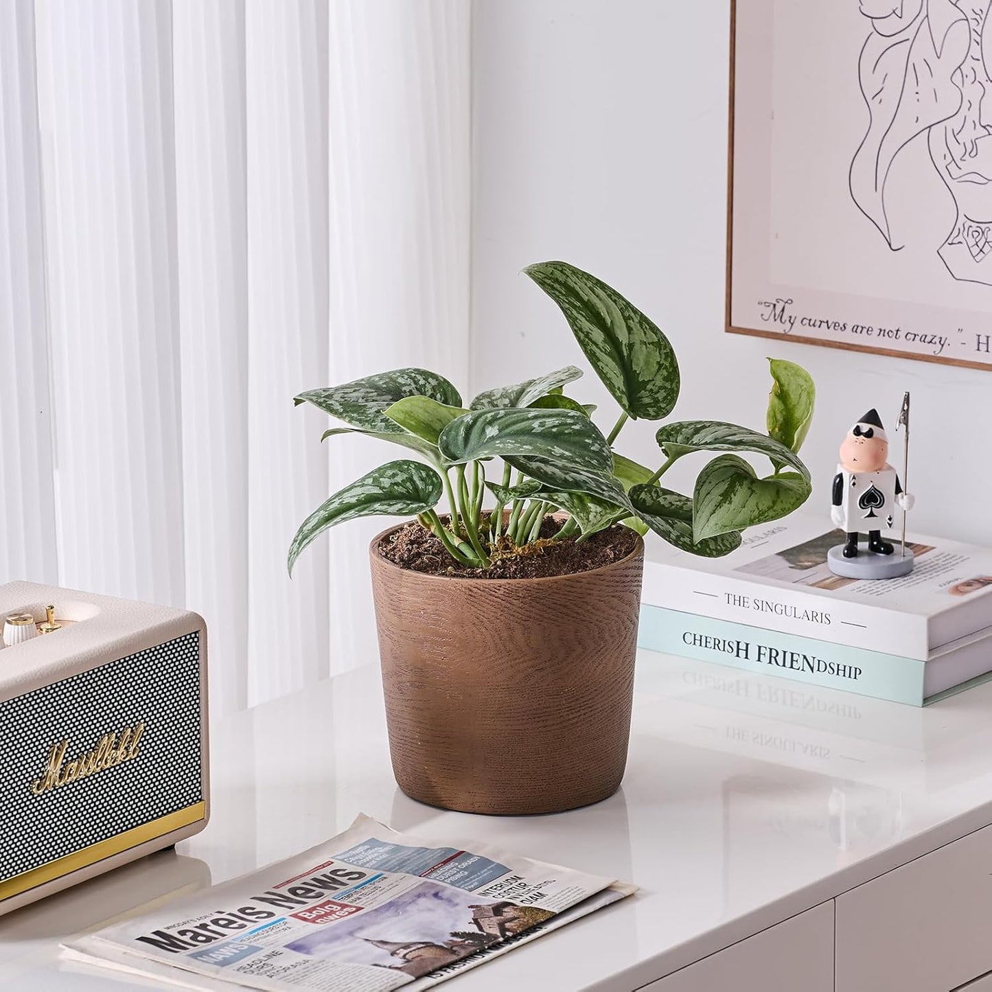 Ekirlin 7 inch Plant Pot, Resin Mahogany Texture Flower Planters with Drain Hole, Removable Rubber Stopper and Non-Slip Soft Pad - for Most Plants and Flowers