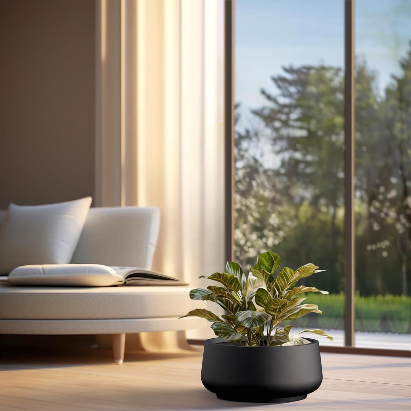 Kante 16.1" Dia Round Curvy Concrete Planter, Large Plant Pots with Drainage Hole and Rubber Plug for Indoor Outdoor Plants, Flower Pot for Home Garden Patio Porch, Black