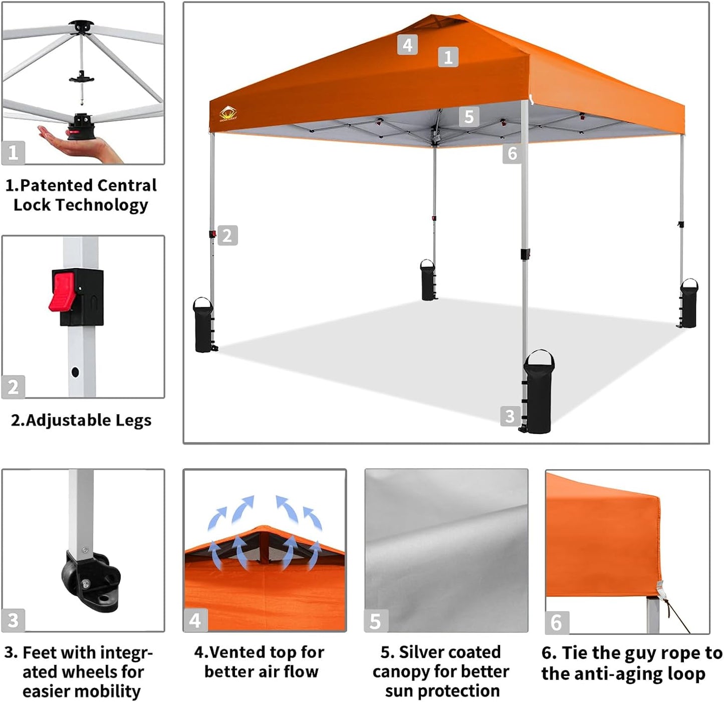 CROWN SHADES 10x10 Pop Up Canopy - Beach Tent with One Push Setup - Easy Outdoor Sun Shade for Events, Parties, Camping - Gazebo with STO-N-Go Cover Bag, Silver Coated Top, Orange