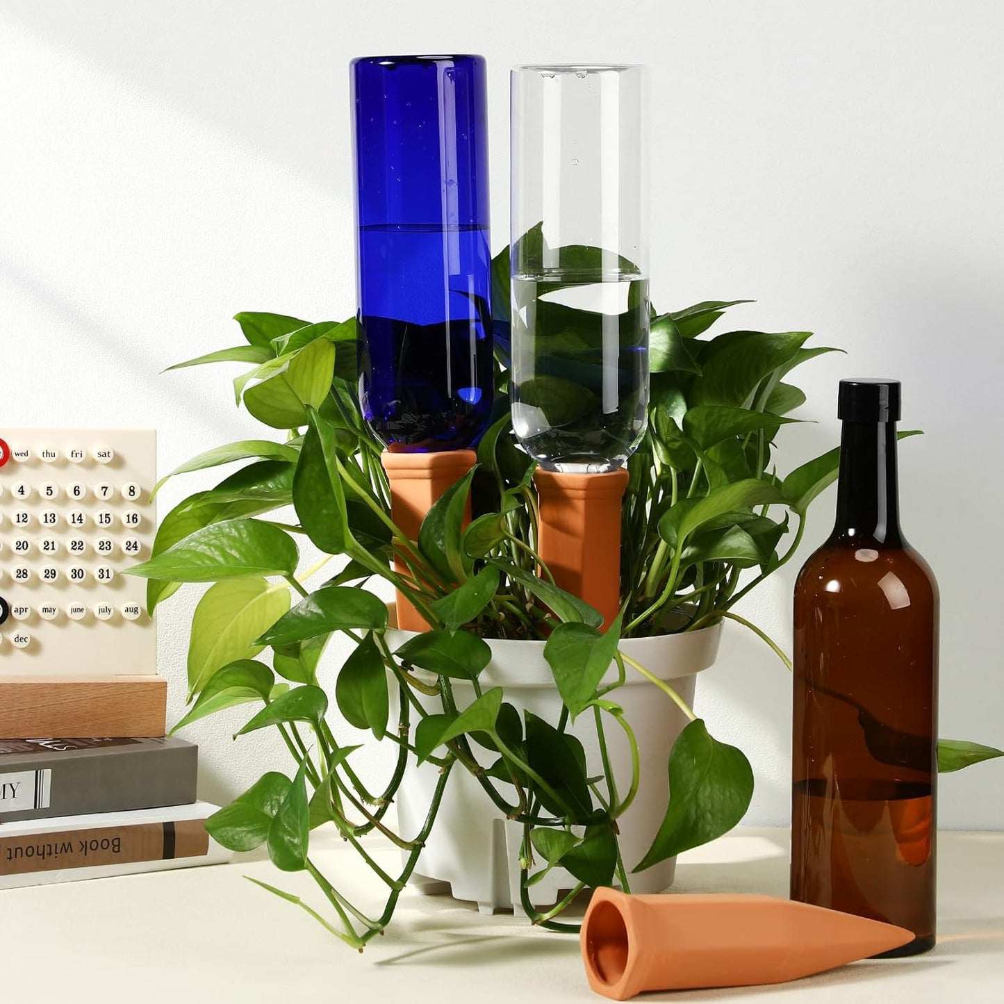 3 Sets Plant Watering Devices Include Terracotta Self Watering Spikes and 26 oz Plastic Bottles, Slow Release Vacation Insert Automatic Plant Waterer Device (Blue Clear Brown and Terracotta)
