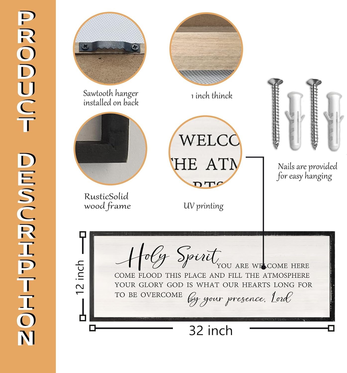 Holy Spirit You are Welcome Here Wall Decor Art 32x12 Inch Large Christian Song Bible Verse Plaque Wood Framed Sign Living Room Scripture Quote Religious For Office Wall Hanging (Black)