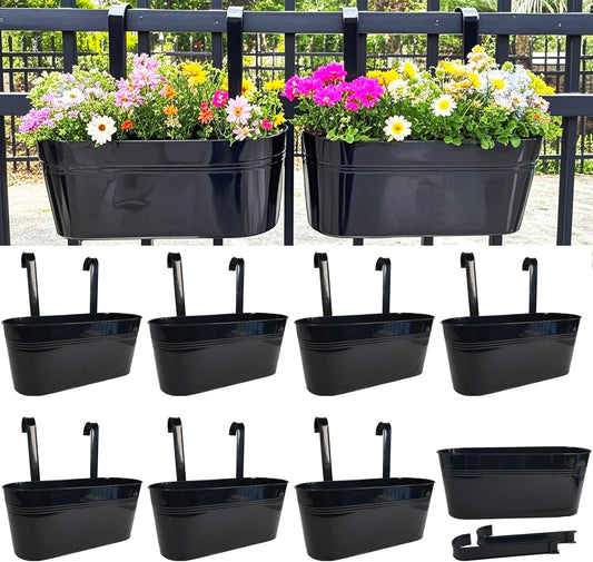 Hanging Planters for Outdoor Plants, 17" Railing Planter Pots, Metal Fence Flower Pot for Porch Balcony with Detachable Hookt (Black, Pack of 8)