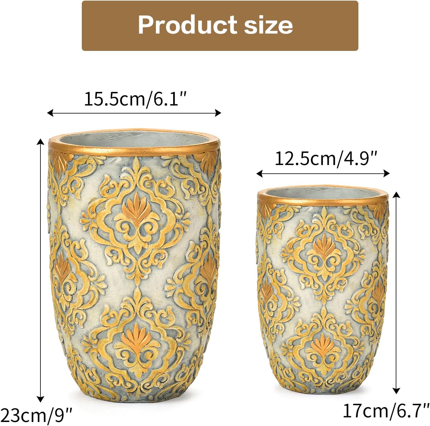 Sungmor Cement Planter Succulent Pots, Set of 2 Concrete Cactus Plant Pot with Drainage Hole, Embossed Design Flower Pot for Home Office Decor, 4.9 Inch & 6.1 Inch Indoor Outdoor Plants Container