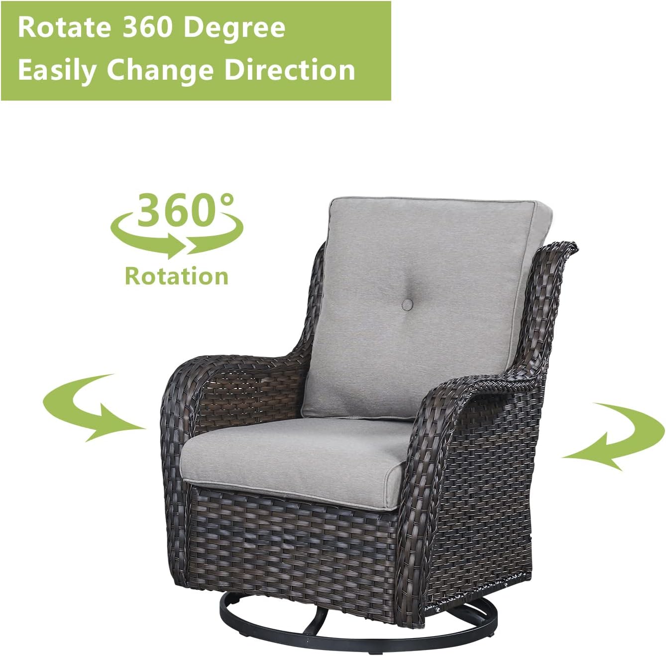 Outdoor Patio Swivel Rocker Chairs - 3 Piece Patio Bistro Set,Wicker Patio Furniture Set with 2 Swivel Rocking Chairs and 1 Glass Top Side Table for Deck Porch Garden,rown/Grey