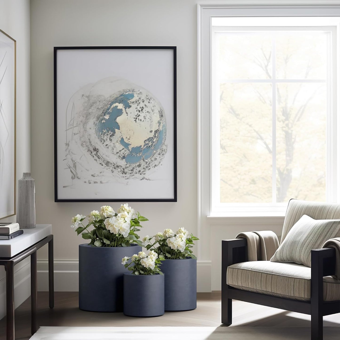 Kante 9.8",12.6",15.7" Dia Round Concrete Planter Set of 3, Modern Style Large Cylindrical Plant Pot with Drainage Hole and Rubber Plug for Indoor Outdoor Patio, Dark Gray