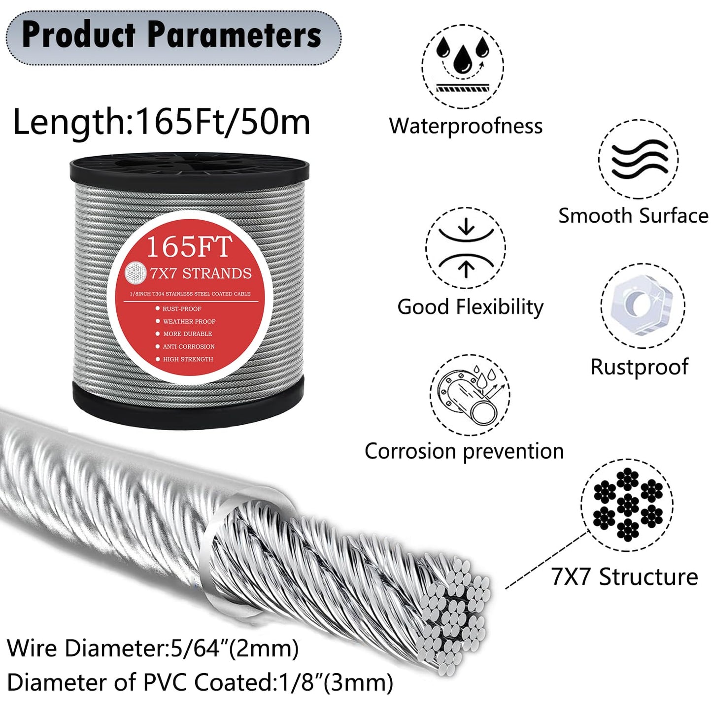 165FT Steel Cable Kit | M5 Turnbuckle & 1/8" Stainless Steel Wire Rope