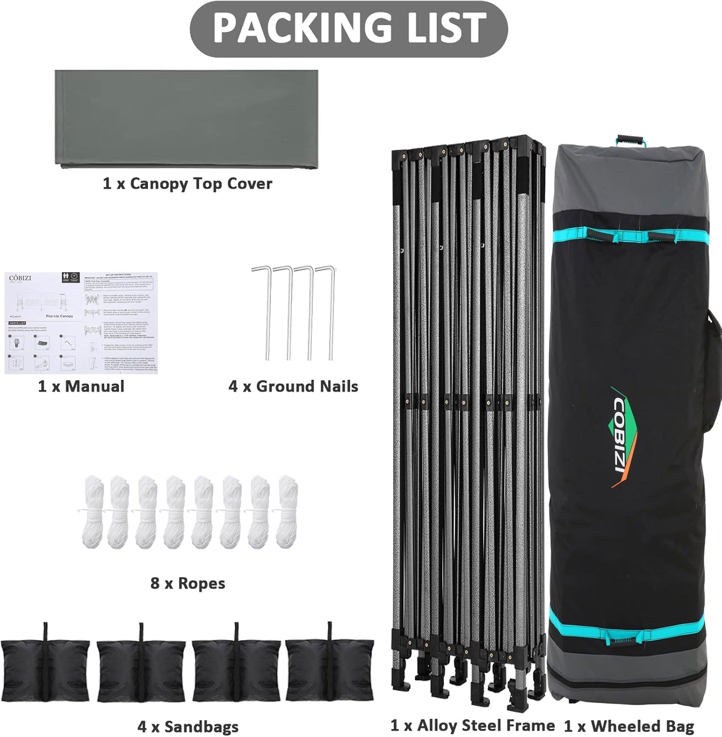 COBIZI 10x30 Pop Up Canopy Without Sidewall,Heavy Duty Canopy UPF 50+ All Season Wind Waterproof Commercial Outdoor Wedding Party Tents for Parties Canopy Gazebo with Roller Bag(10 x 30 ft Gray)