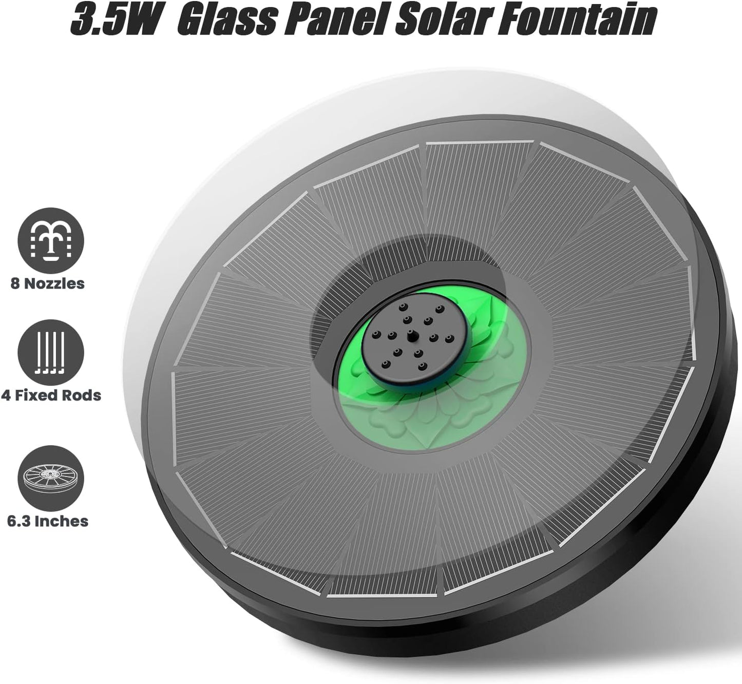 Solar Fountain Full Glass Panel No Battery, 3.5W Solar Bird Bath Fountains with 4 Fixed Rods & 7 Nozzles, Solar Fountain Pump for Bird Bath, Garden, Pond, Pool, Patio -Black Panel