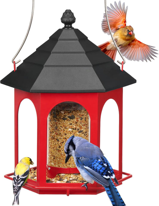 Kingsyard Metal Bird Feeder for Outdoors Hanging, 3 lbs Seed Feeder, Wild Bird Feeders for Garden Cardinal Finch Bluebird, Easy to Fill & Clean, Red