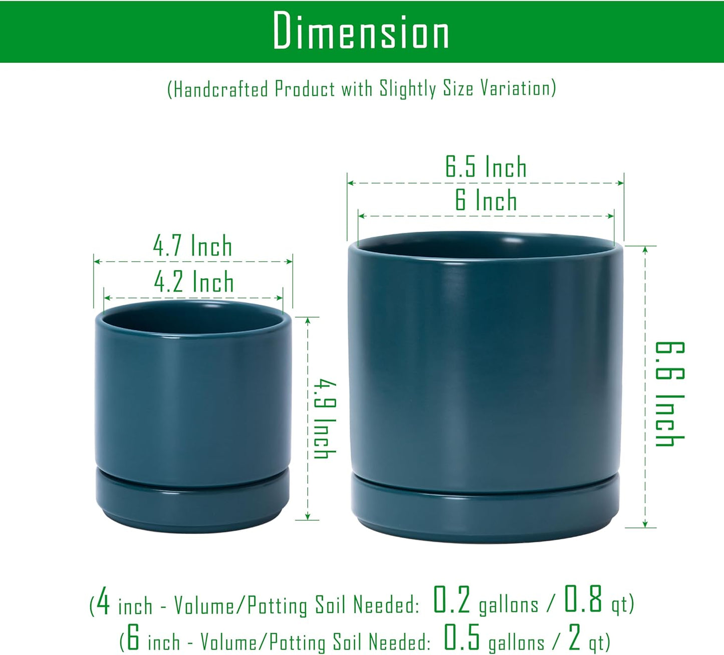 D'vine Dev 4.7 Inch & 6.5 Inch Ceramic Planter Pots for Plants with Drainage Hole and Saucer, Small Plant Pots Set, Teal, 94-G-S-9