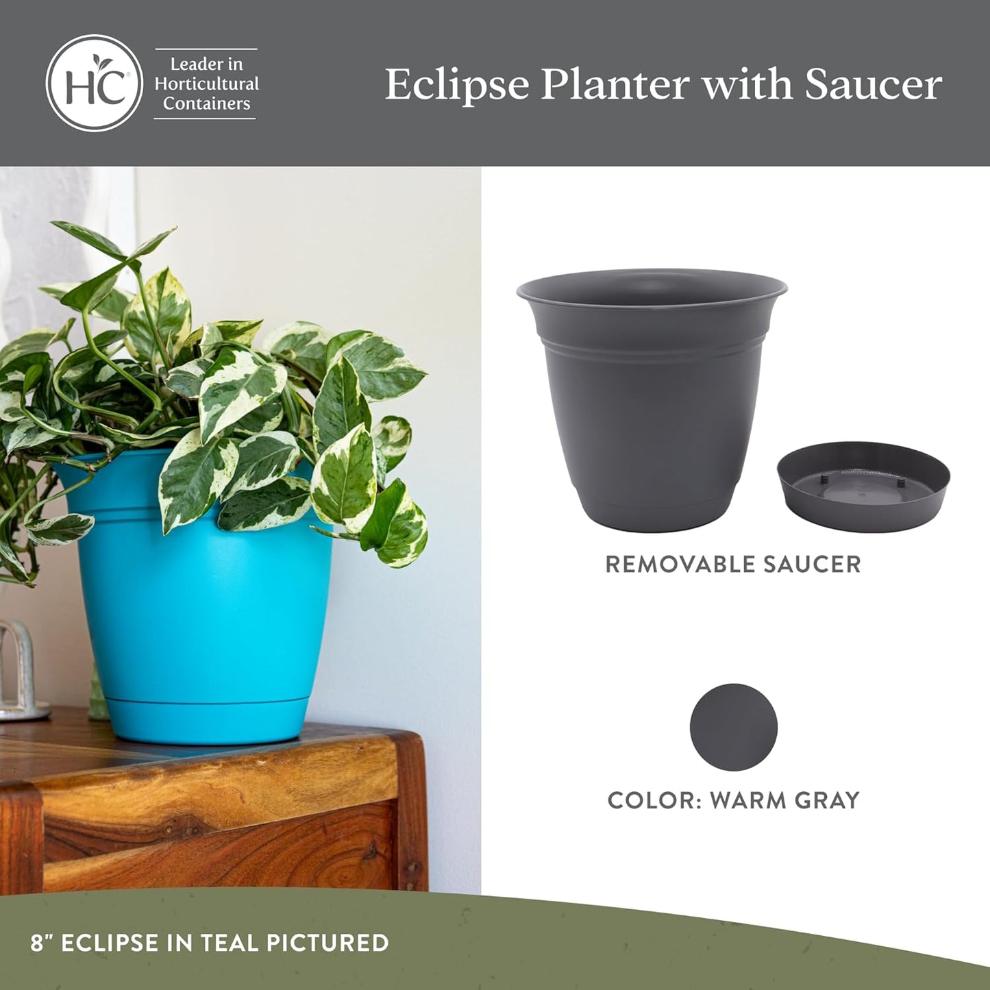 The HC Companies Eclipse Round Planter with Saucer - Outdoor & Indoor Plant Pot with Drainage Holes - Lightweight, UV-Resistant Plastic Pots for Plants, Flowers & Herbs (8" Warm Gray, Pack of 1)
