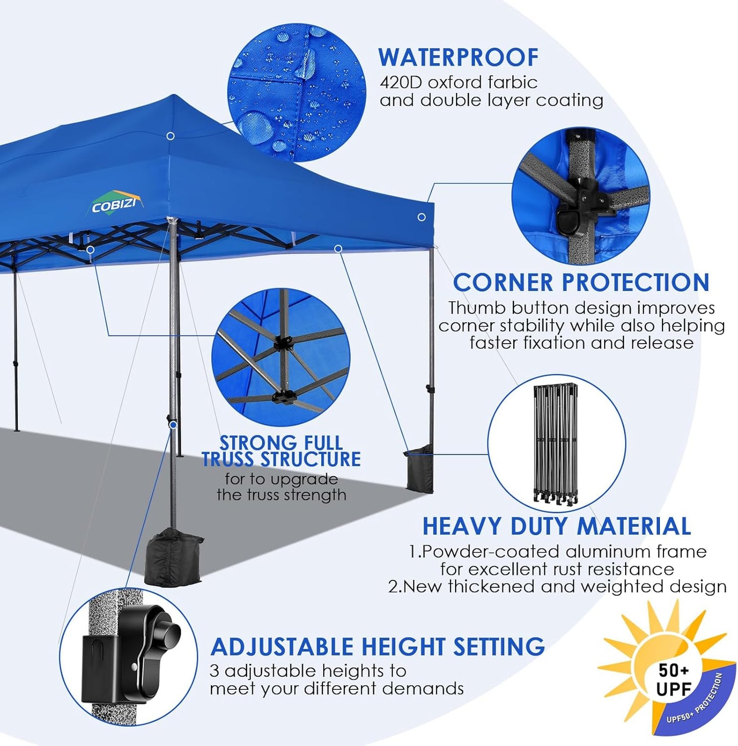 COBIZI 10x30 Pop up Canopy, Heavy Duty Outdoor Party Tents for Parties, Ez up UPF 50+ Waterproof Commercial Canopy with Wheeled Bag can fold, Blue(Windproof Upgraded)