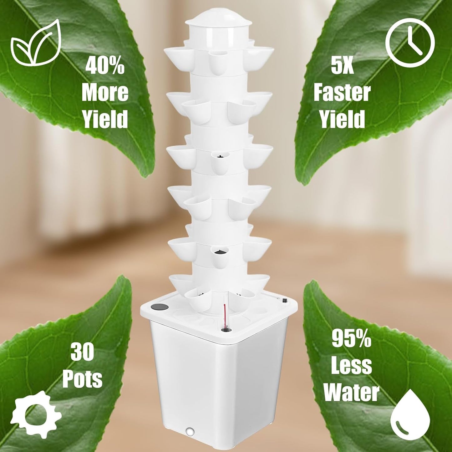 Set Hydroponic Growing Tower with 20L Tank, 6 Layers 30 Plants Indoor hydroponics Growing System kit, Soilless Cultivation Herbs Fruits Vegetables Vertical Planter Tower Kit (White)