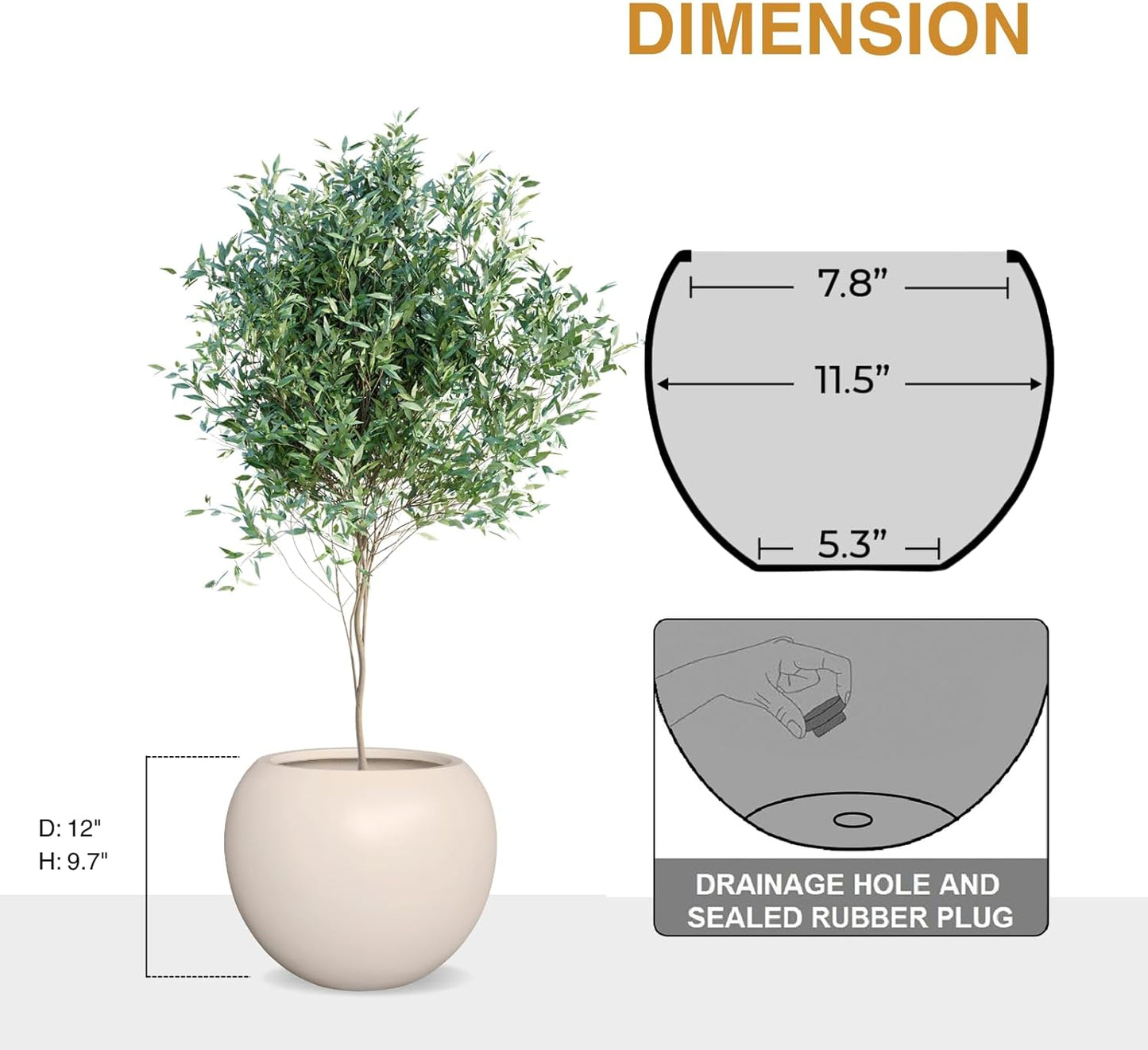 9.7" H x 12" D Globo Fiberstone Round Planter with Drainage Hole, Weather Resistant, Planters for Indoor Plants & Outdoor, 2 Extra Coco Mats (Kilim Beige, 7.8" Pot Opening)