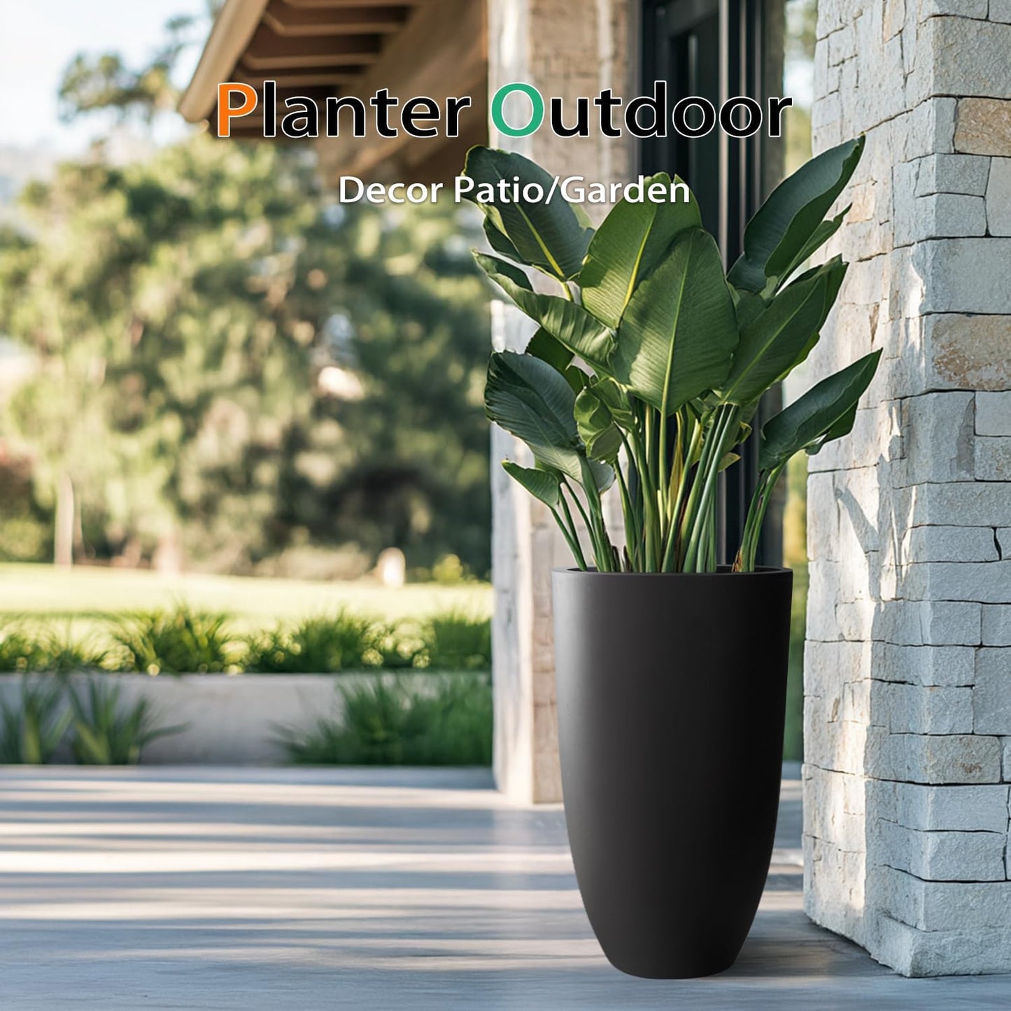 Tall Planters for Outdoor Plants, Large Concrete Flower Pots for Garden Front Porch, Patio, Indoor (Black, 24 inch)