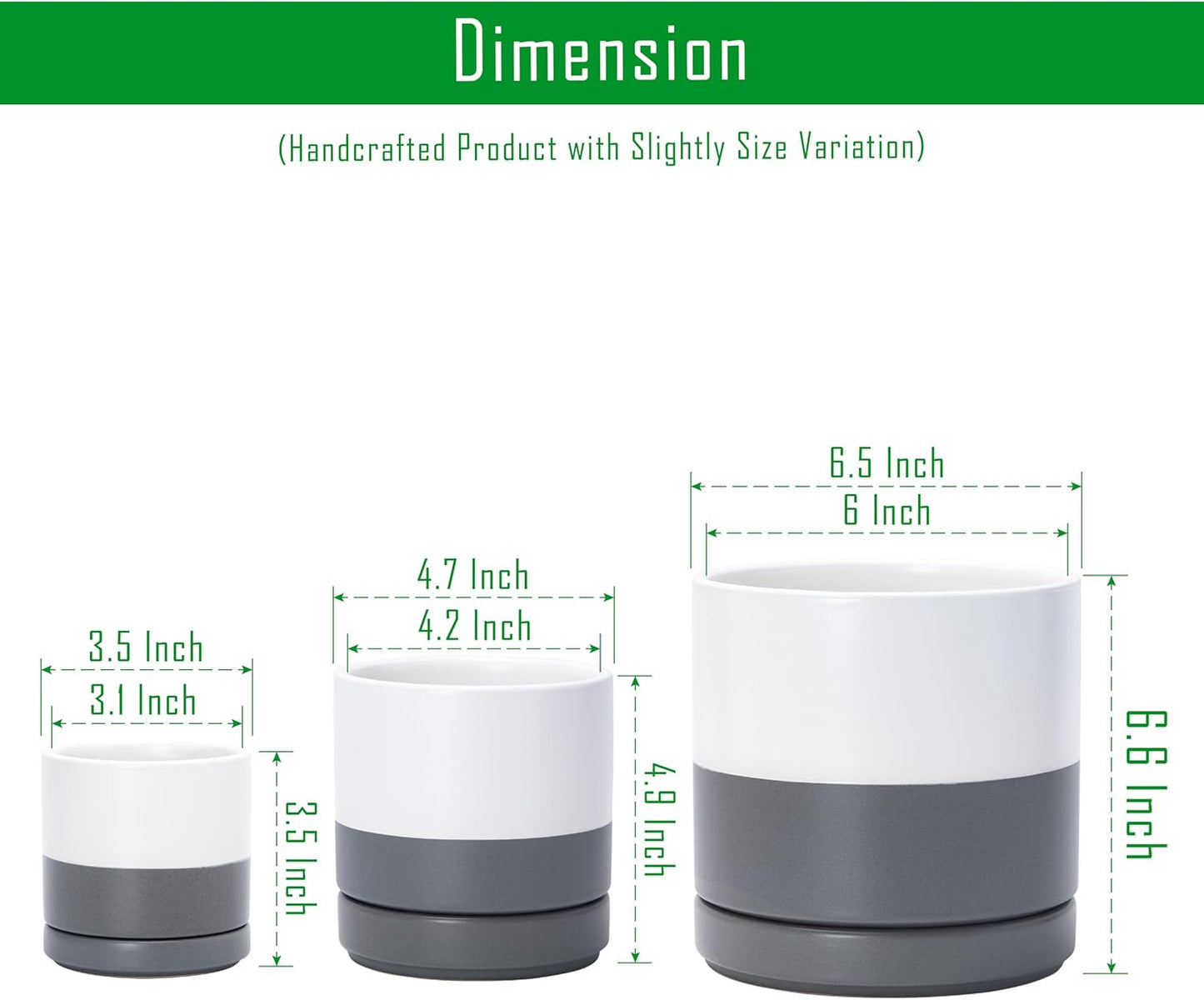 D'vine Dev 3 Inch & 4 Inch & 6 Inch, Set of 3 Round Ceramic Planter Pot with Drainage Hole and Saucer, White/Speckled Grey, 94-T-S-6