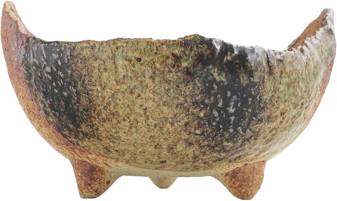 Wazakura Banko Series Japanese Handmade Rustic Crescent Shape Bonsai Pot 4.72 in (120 mm), Made in Japan Ceramic Garden Planter, Decorative Flower Vase, Unglazed Houseplant Bowl - Sand Green