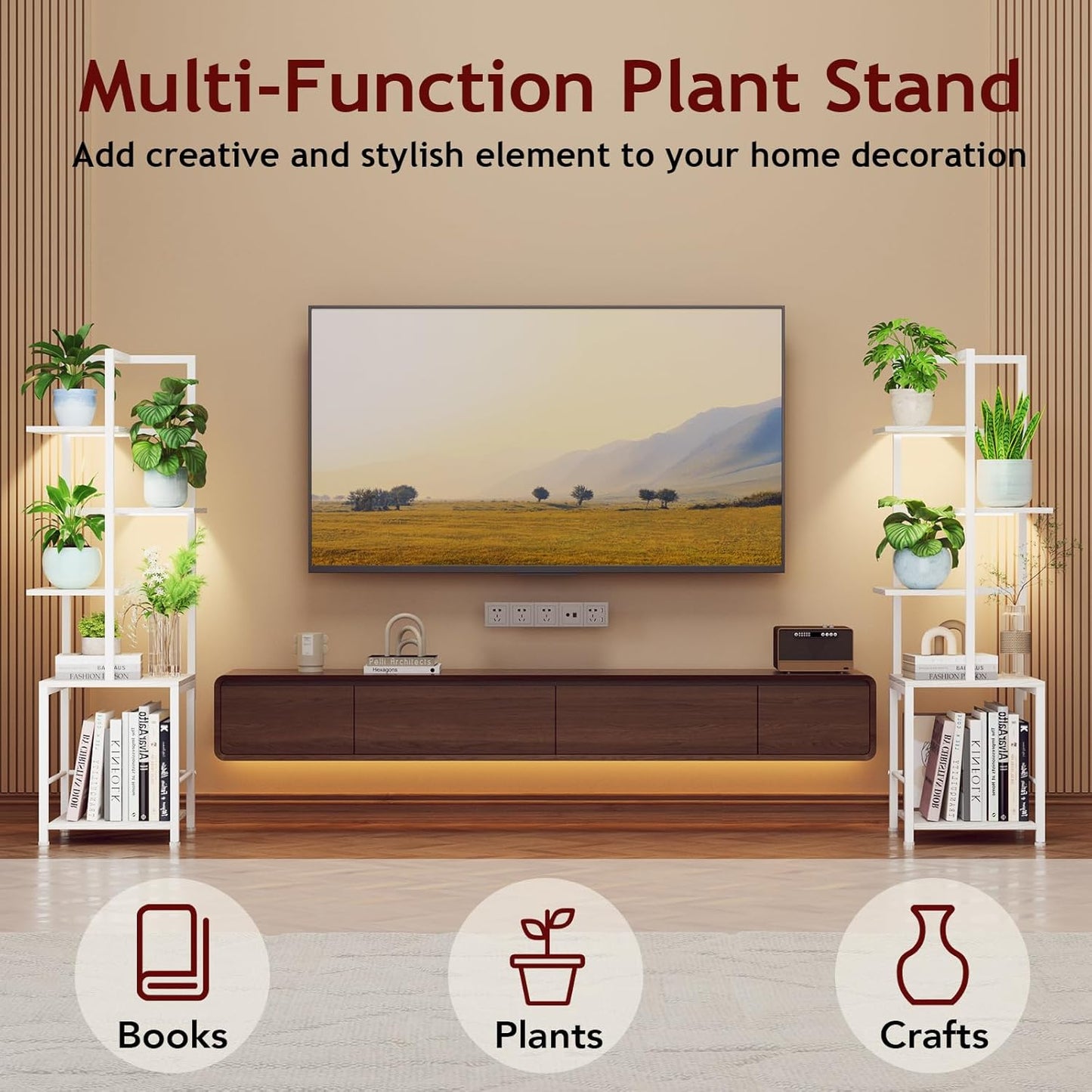 Plant Stand Indoor with Grow Light, 5-Tiered Tall Plant Stand Indoor, Metal Plant Shelf with Bookshelf Bookcase and Adjustable Light, Ideal for Living Room, Reading room, Garden, Patio (white)