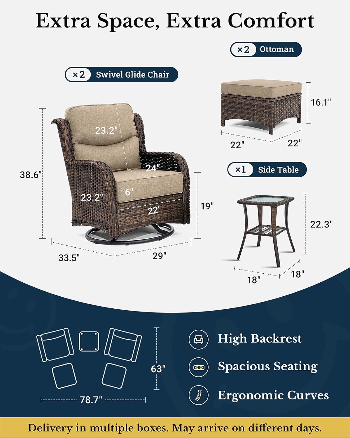 HILLGA Luxury Outdoor Swivel Rocker Patio Chairs of 2 with 6 Inch Thick Cushions and Side Table, Swivel Outdoor Chairs 5PCS High Back Wicker Patio Furniture Set for Porch, Balcony, Deck in Beige