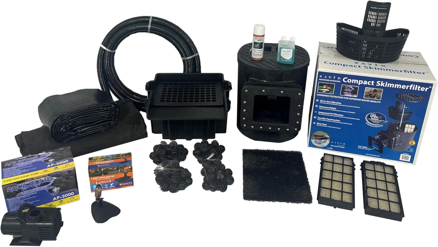 HALF OFF PONDS Savio Select 3,000 GPH Submersible Pump Pond Kit with 10' x 15' PVC Plastic Pond Liner for Water Garden & Koi Pond