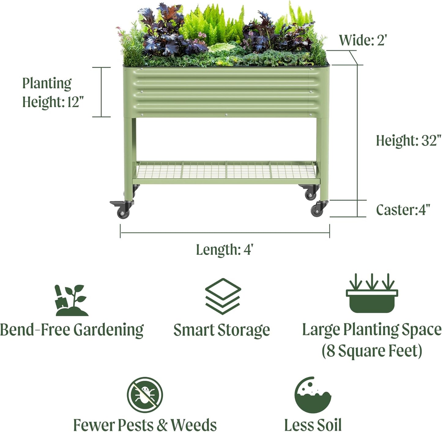 Rolling Elevated Raised Garden Bed-V Series, 2' x 4' Garden Beds with Legs & Storage Rack for Patio & Porch, 700 Lbs Weight Capacity, Outdoor Planter Box for Vegetables Flower Herbs, Pearl White
