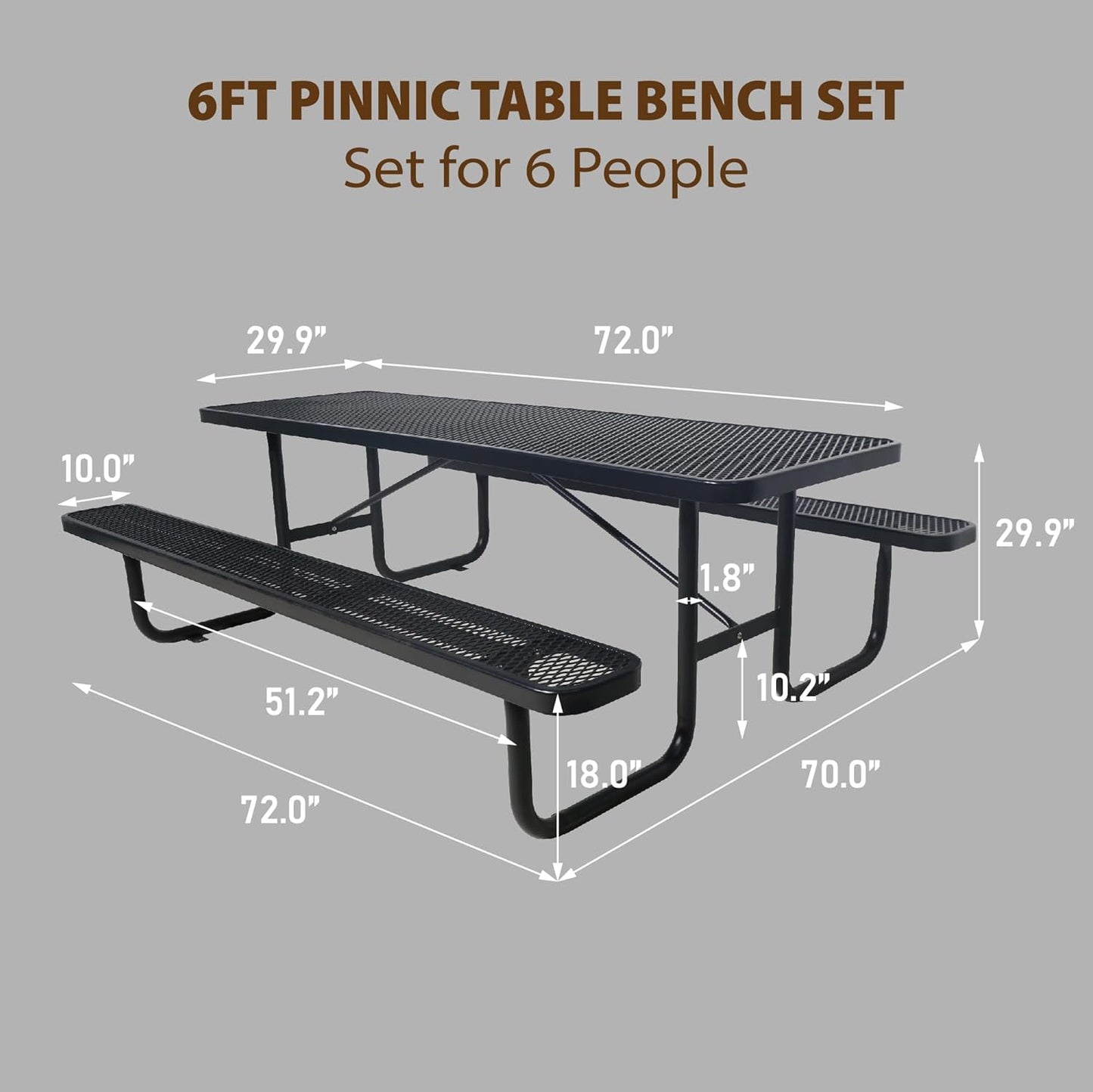 6FT Metal Picnic Tables for Outdoors, Commercial Rectangular Picnic Table and Bench Set for Outside, Patio, Garden, Backyard, Porch, Surface Mount, Black