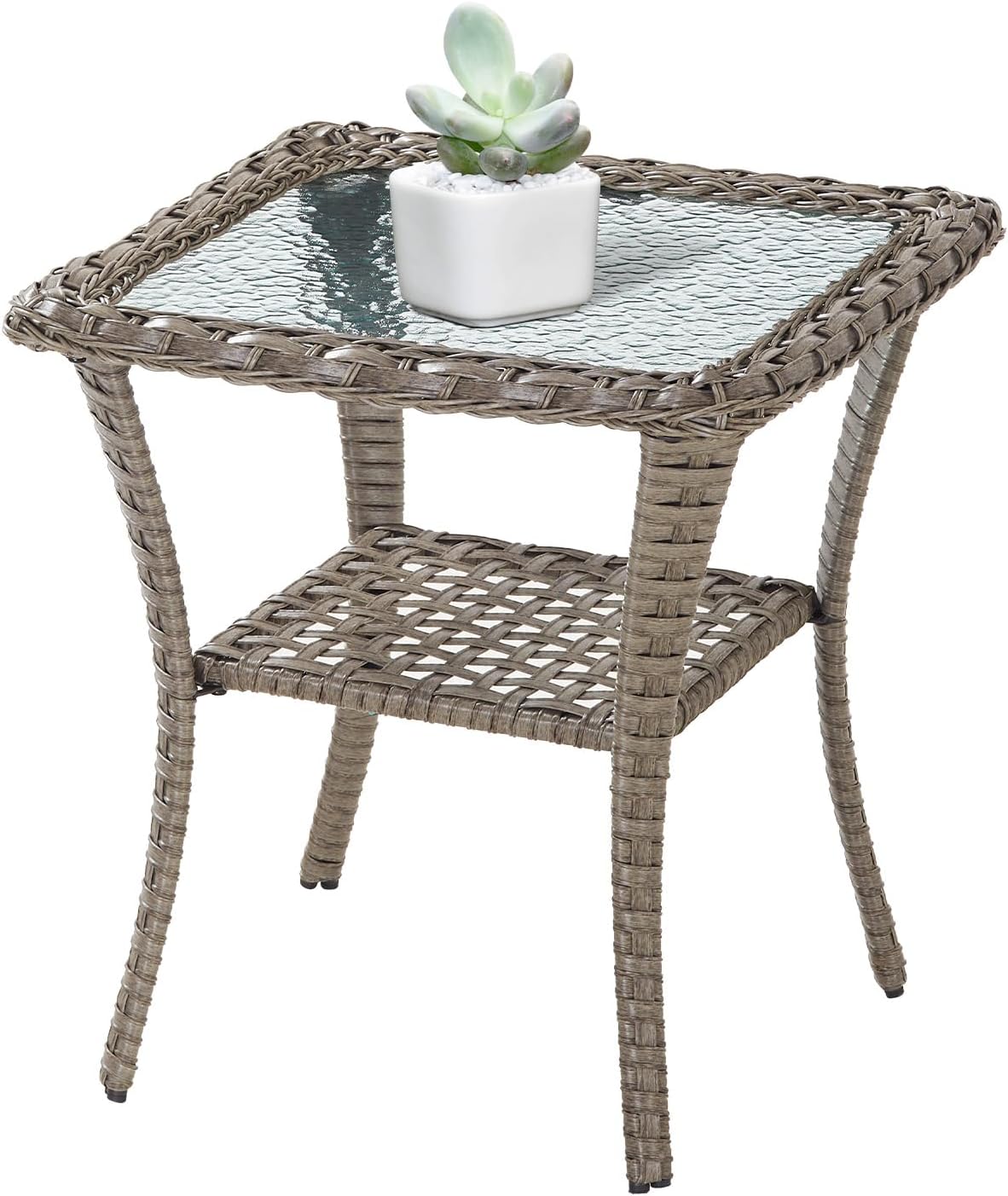 Handwoven Wicker Side Table - 20 Inch Small Outdoor Table 2 Tier Storage with Tempered Glass Top, All Weather Outdoor Patio End Tables for Deck Balcony Outside Gray