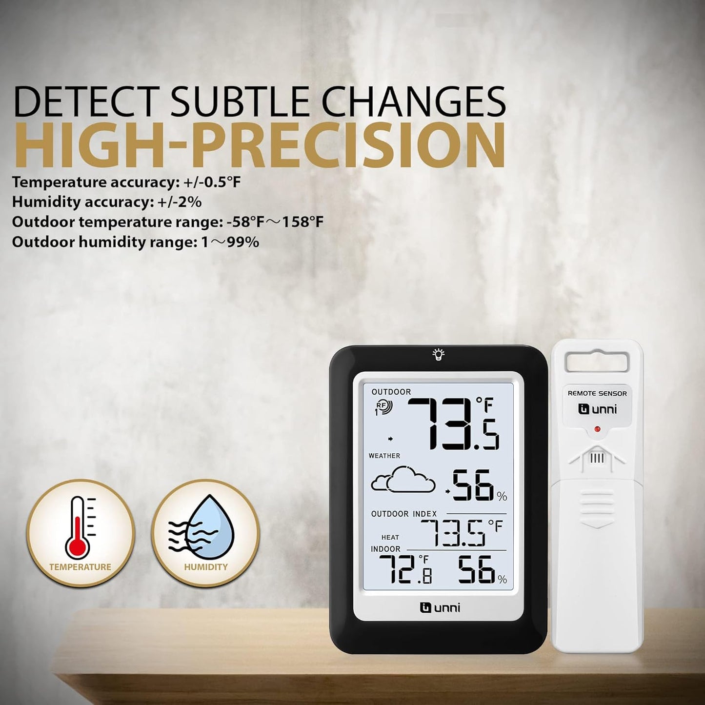 Indoor Outdoor Thermometer Hygrometer Wireless Weather Station, Temperature Humidity Monitor Battery Powered Inside Outside Thermometers with 330ft Range Remote Sensor(Black)