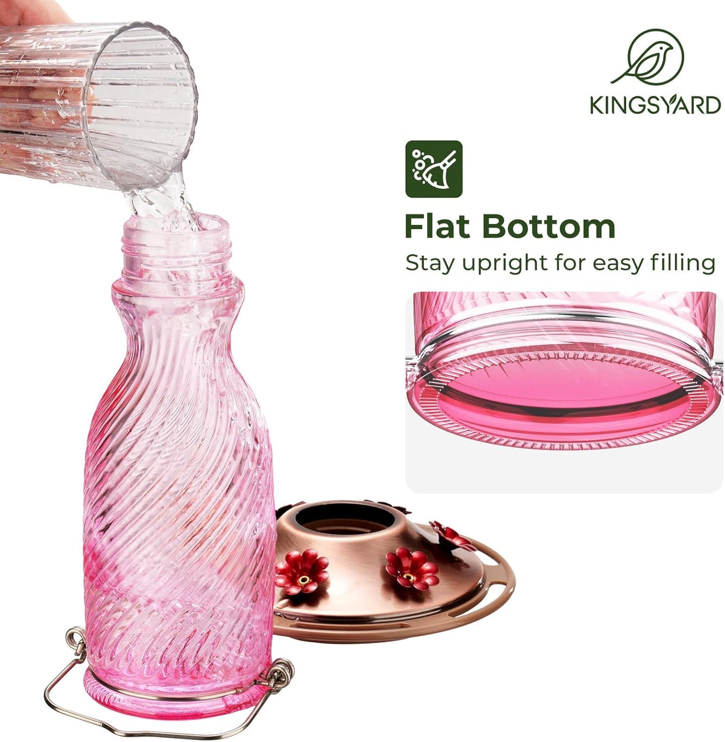 Kingsyard Glass Hummingbird Feeders for Outdoors, 24 oz Hummingbird Nectar Feeder for Outdoors Garden Yard D�cor, 6 Feeding Ports, Ant Moat Included, Easy to Clean & Refill, Pale Pink