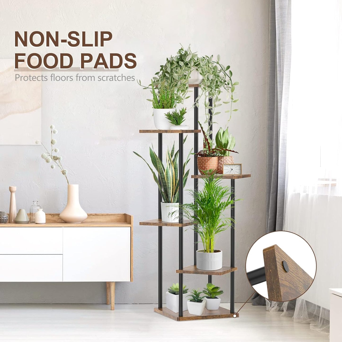 6 Tier Tall Plant Stand Indoor, Large Wood Metal Planter Shelf Holder for Narrow Corner, Sturdy Vertical Multiple Flower Orchid Pot Decorative Rack for House Living Room Bedroom Office, Rustic Black