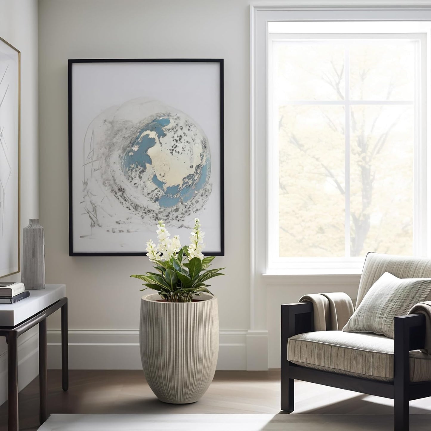 Kante Round Fluted Concrete Planter, 16.9-Inch Dia Barrel-Style Pot with Drainage Hole, Weathered Finish with Warm Brown Interior, 13.7" Opening, for Indoor and Outdoor Use