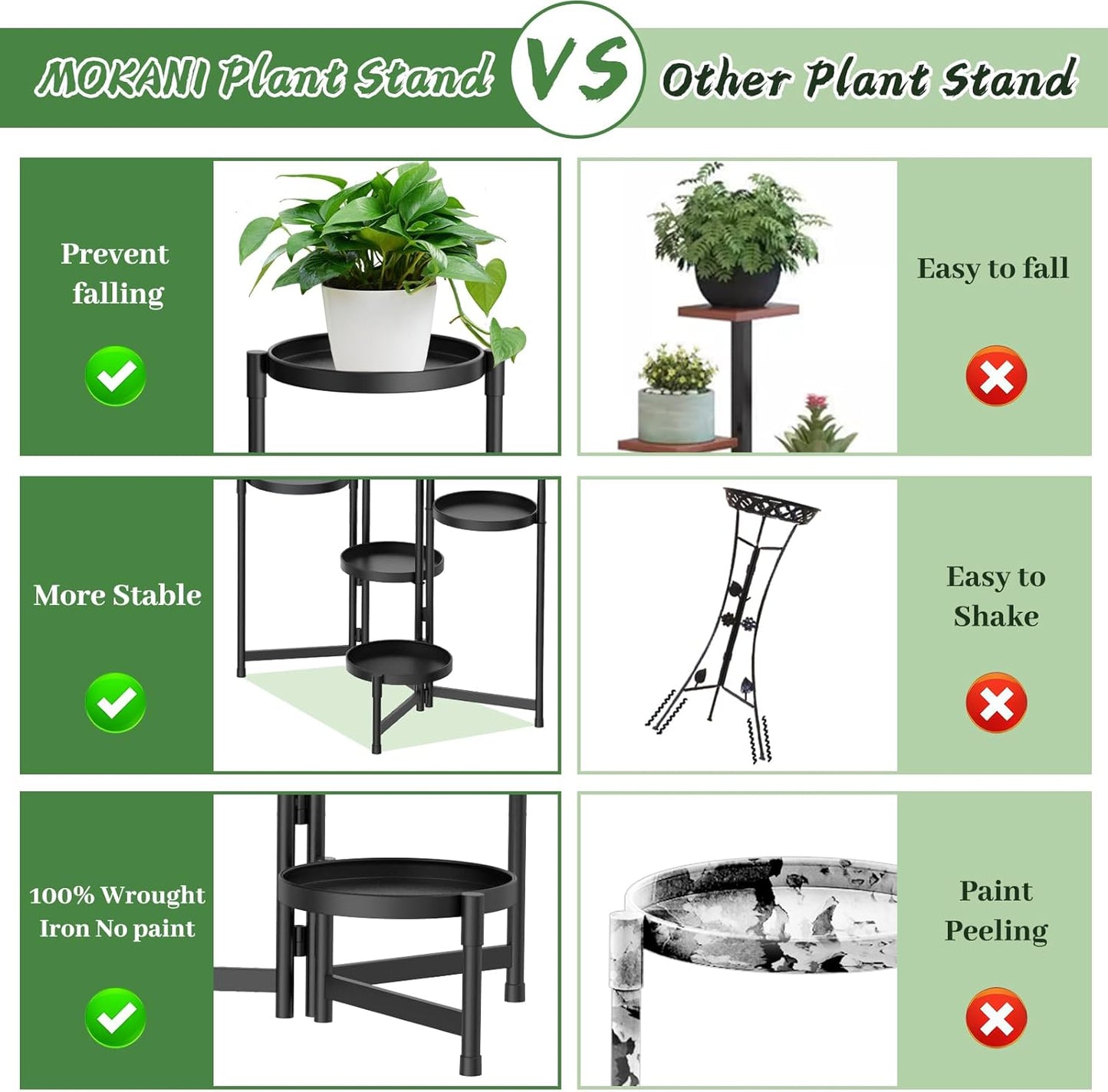 MOKANI Metal Plant Stand Indoor Outdoor for Multiple Plants, 6 Tiered Folding Corner Shelf Tall Flower Pot Holder Display Rack for Patio Living Room Balcony Garden, Black