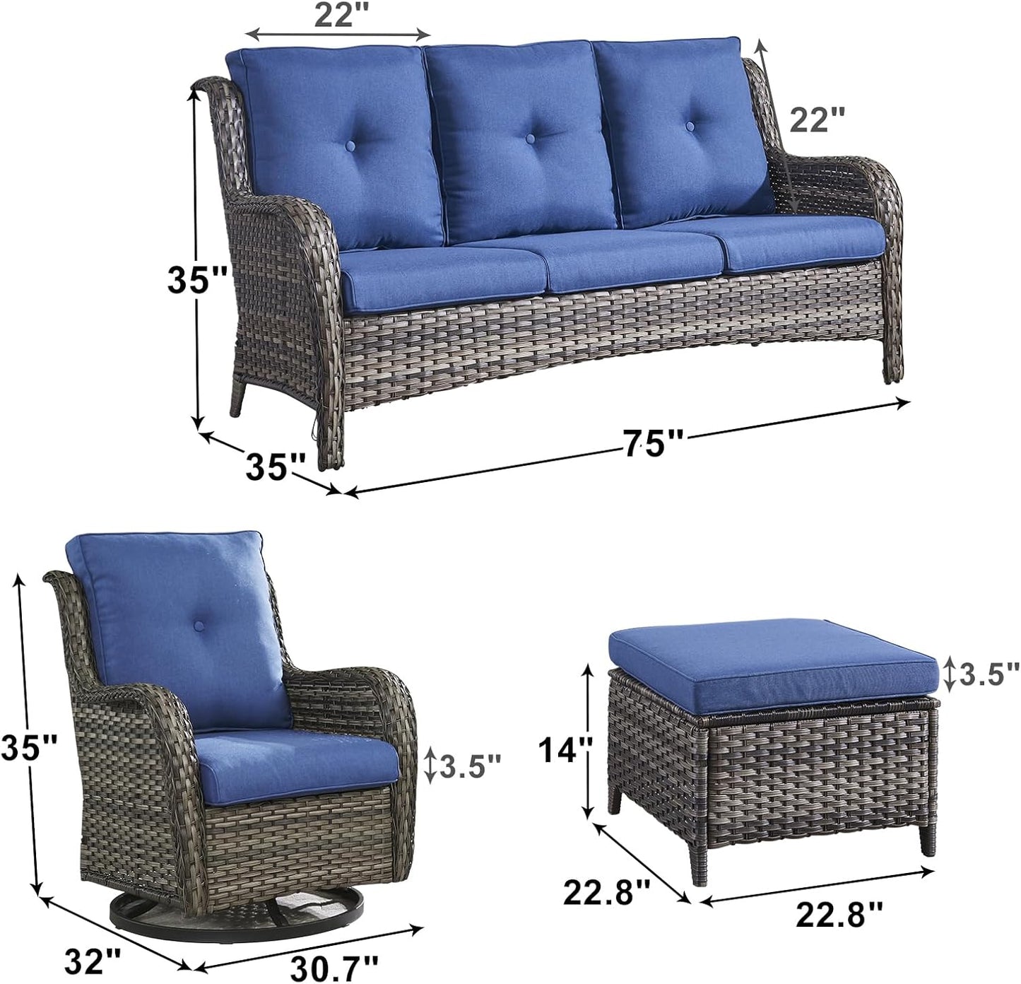 Outdoor Wicker Patio Furniture Set - 5 Piece Rattan Patio Conversation Set with 2 Rocking Swivel Chairs,2 Ottomans and 1 Sofa for Porch Deck Backyard Garden(Mixed Grey/Blue)