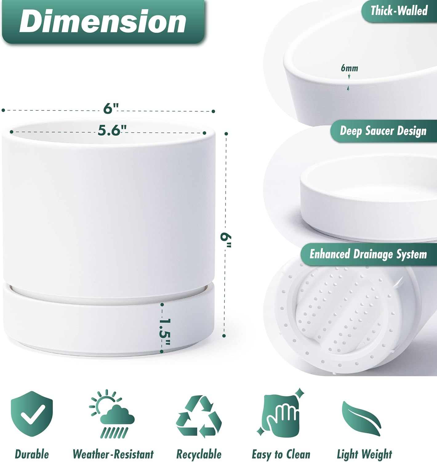 Phoenix Vine 6 Inch Planter Pot with Drainage Hole & Saucer, Deep Water Catch Tray, Straight Cylindrical Round Pot for Plants, Matte White, Pack of 2, 23-B-S-2