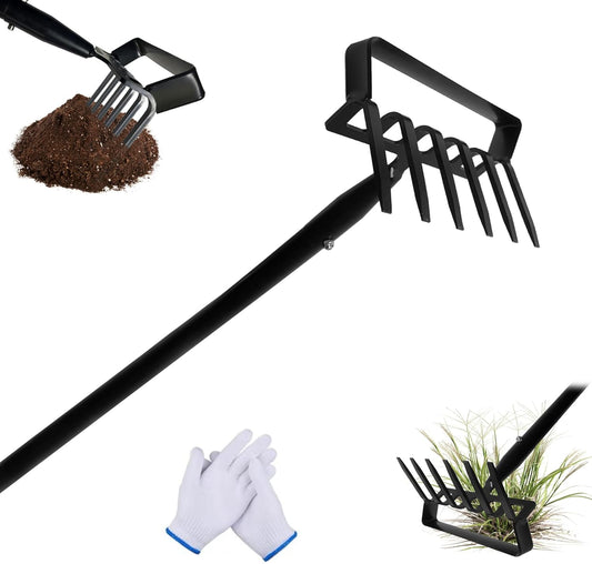 6-Tines Rake and Stirrup Hoe, Metal Garden Hula Hoes Tiller Rake Tool with Adjustable Long Handle, Action Scuffle Loop Hoe for Weeding, Digging, Loosening Soil
