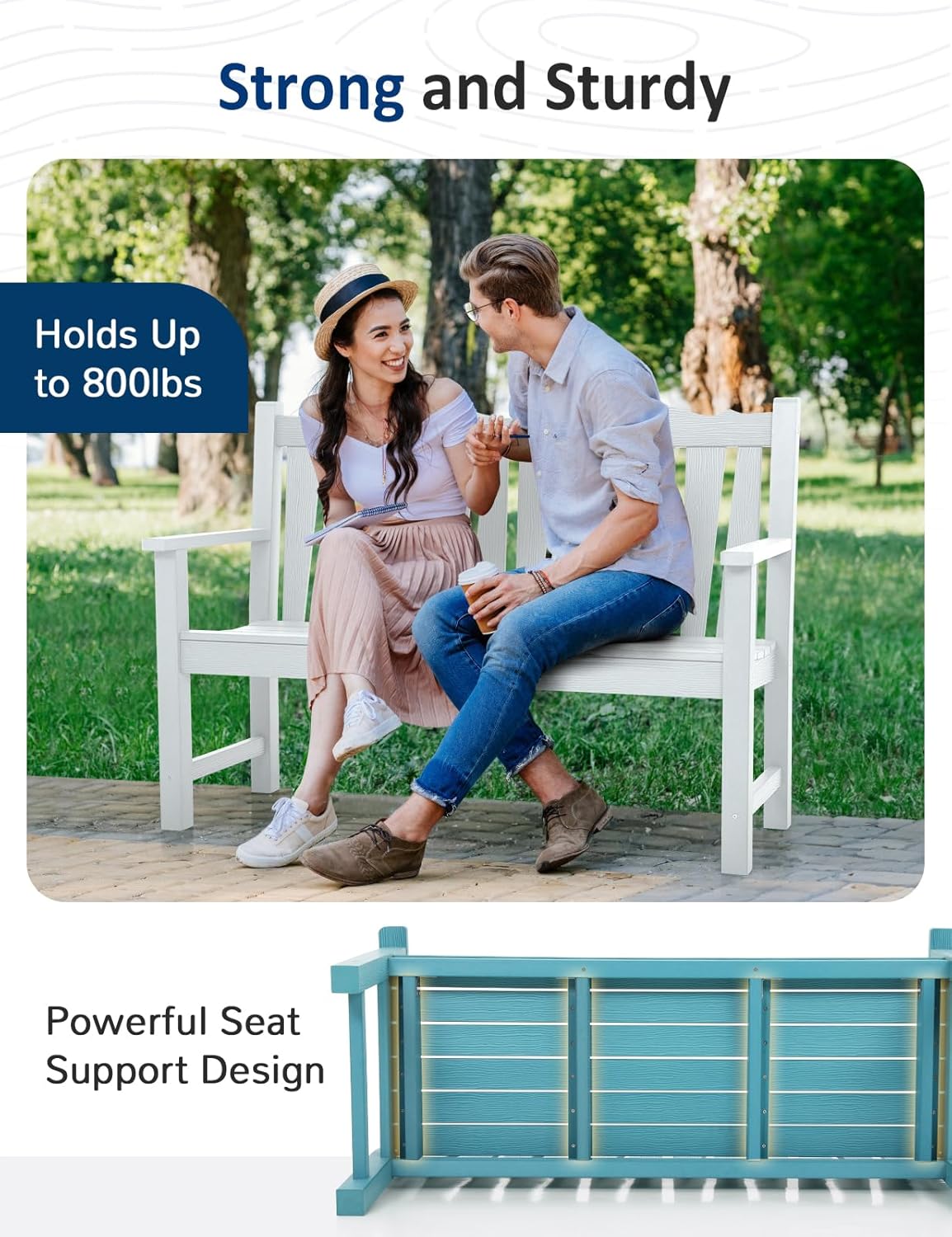 Outdoor Bench Set of 2, Weatherproof Garden Benches for Outdoors, All Weather HIPS Patio Bench Holds up to 800lbs, Never Rot or Fade, Comfort Bench for Porch Garden Patio Yard and Park(White)