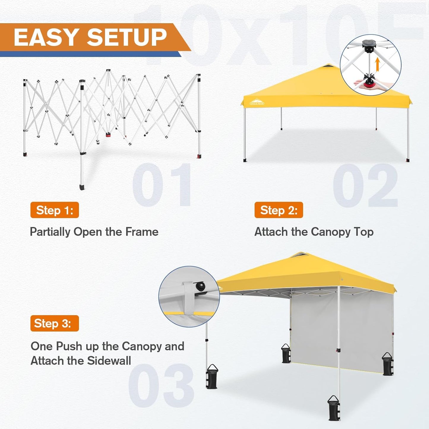 EAGLE PEAK Pop Up Canopy Tent with 1 Sidewall, Easy Setup Event Tent, Outdoor Sun Shade, Wheeled Carry Bag, Stakes and Guy Ropes, Instant Canopy 10x10, Yellow