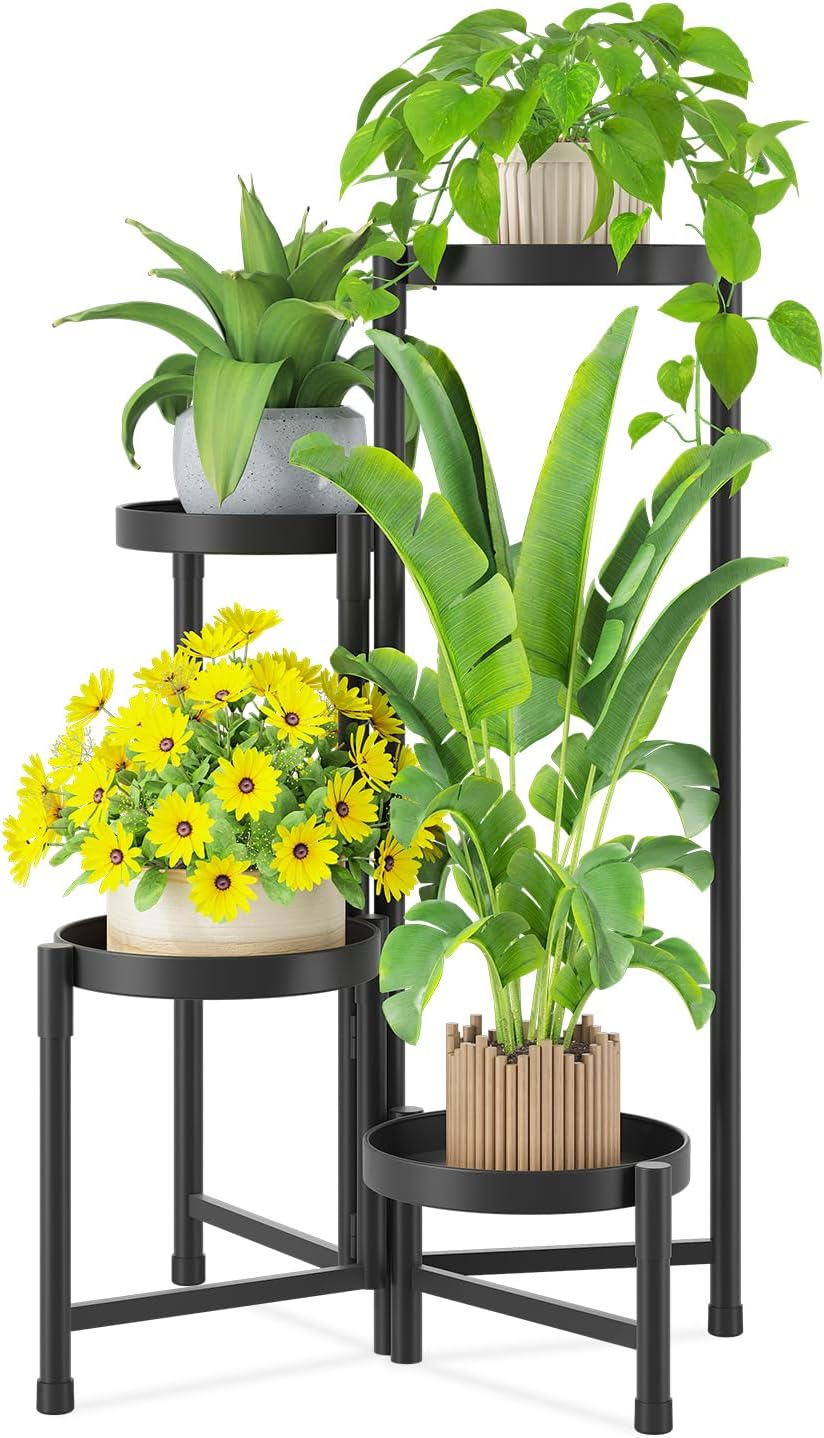 iDavosic.ly Plant Stand Indoor Outdoor, 4 Tier Corner Metal Flower Display Holder Shelf, Folding Tall Orchid Rack for Patio Balcony Porch Garden Living Room House, Black